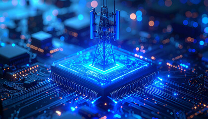 Digital Matrix of Connectivity: A mesmerizing macro view of a central processing unit (CPU) and a network transmission tower, pulsating with digital energy.