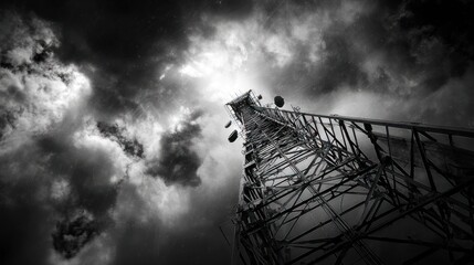 Towering metal structure reaching into a dramatic, stormy sky in black and white