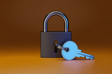 Silver padlock with a blue key inserted into the lock mechanism
