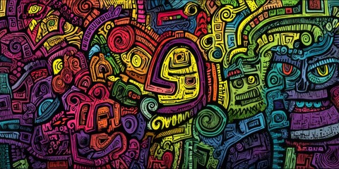 Obraz premium A vibrant, colorful design featuring intricate, abstract patterns and shapes. The bold lines and dynamic composition create a visually stimulating effect.