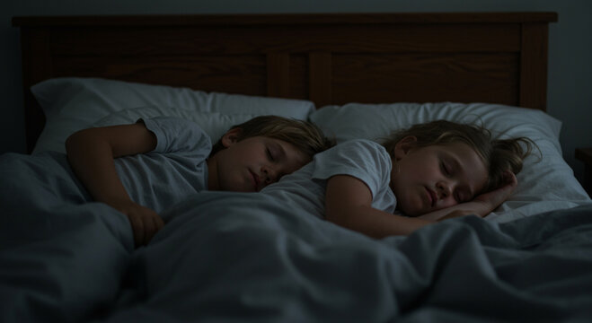 Children Sleeping Peacefully in Bed Together at Nighttime in Dark Room