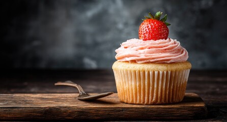 Pink frosted cupcake with strawberry (1)