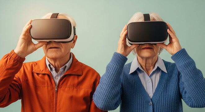 Senior couple wearing VR headsets, exploring virtual reality technology, showcasing inclusivity and technological advancement for older adults