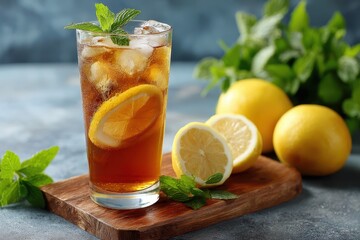Tall glass of iced tea with lemon slice and mint sprig on wooden board. Perfect for summer refreshment ads or beverage-related article.