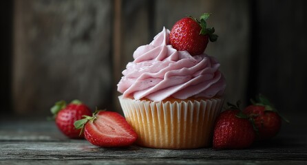 Pink strawberry cupcake on rustic wood
