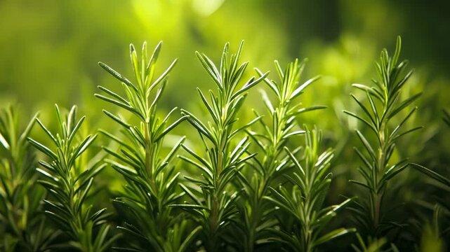 Closeup of fresh rosemary herb growing in a garden with blurred green background 4k video