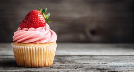 Single cupcake with pink frosting and a strawberry