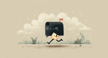Cute black mailbox running with a letter