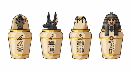 Four stylized Egyptian canopic jars, each with a different animal head, showcasing ancient Egyptian funerary practices.