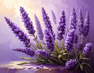 Floral Lavender Blossom Illustration Still Life Art with Purple Hues in Gentle Light and Detailed Stamen