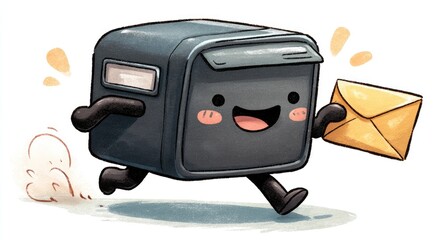 Cute, cartoonish, box-shaped device running and delivering a letter