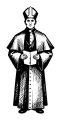 Catholic Bishop Priest in Liturgical Vestments Reading Book Illustration black shape vector laser cutting engraving monochrome print
