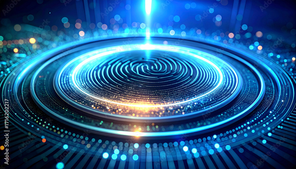 Poster Digital Security: A mesmerizing display of high-tech digital security. The central fingerprint design glows with a vibrant energy, radiating outwards.