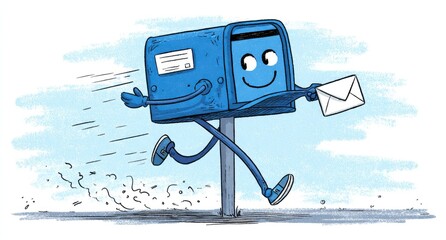 Cartoon mailbox character running with an envelope