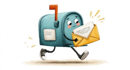 Cute mailbox character holding a letter, running