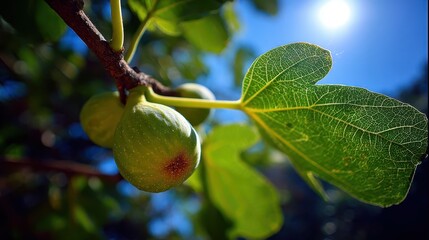 Unripe green figs hang on a branch with bright sky and sunlight behind. It works for promoting healthy eating or Mediterranean diet concepts.