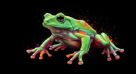 Obraz premium Colorful Frog Illustration on Black Background with Splatter