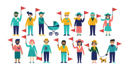 Fototapeta premium Diverse Group of People Holding Red Flags Vector Illustration for Protest and Demonstration Concepts