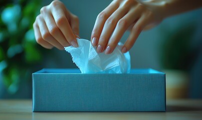 Close-up of hands taking tissue from a teal box