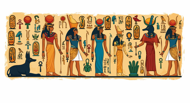 Egyptian deities and symbols are depicted in a colorful, detailed illustration on a beige background, showcasing ancient mythology and culture.