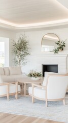 Fototapeta premium A beautifully arranged living room with light blue walls and a central fireplace, surrounded by cream armchairs and a dark wood coffee table, ideal for entertaining