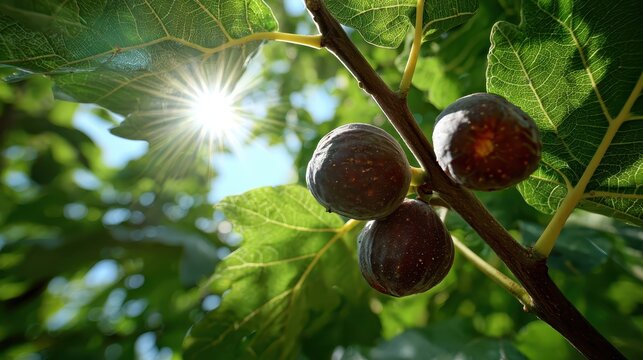 Fresh figs grow on a tree branch with bright sunlight shining behind them. Great for representing healthy food, nature, or summer season content.