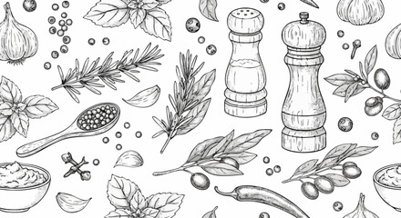 Black and white graphic pattern of various culinary herbs and spices, including pepper, rosemary, basil, and garlic. © Myanee