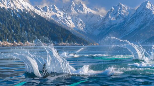 Two orcas leaping from the ocean, with snow-capped mountains in the background, photo-realistic in the style of a realistic painter
