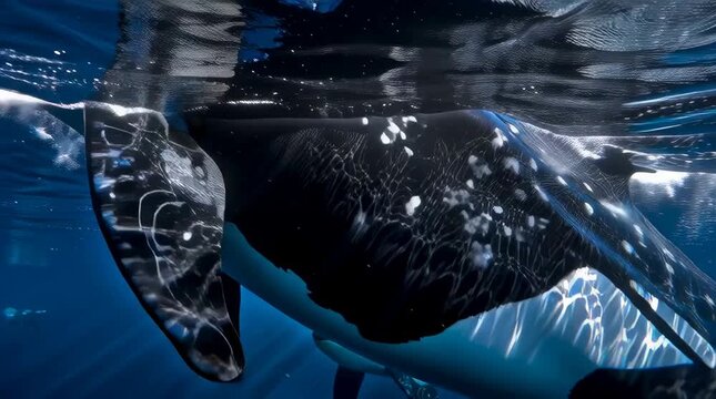 Two orcas leaping from the ocean, with snow-capped mountains in the background, photo-realistic in the style of a realistic painter