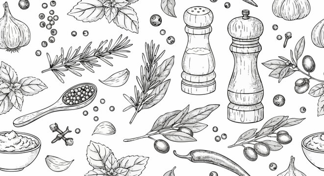 Black and white graphic pattern of various culinary herbs and spices, including pepper, rosemary, basil, and garlic.