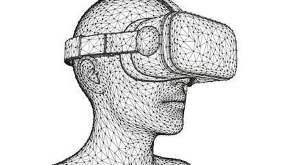 Wireframe head wearing VR headset, profile view, on white background, showcasing virtual reality technology and its immersive experience