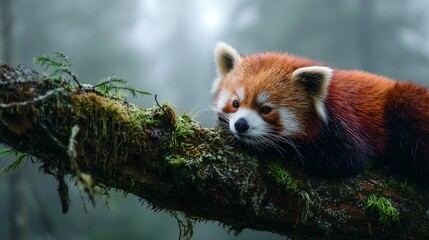 Obraz premium Red panda resting on mossy tree branch