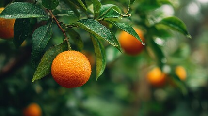Close up of ripe oranges on tree, water droplets on the leaves. For healthy eating themes, and vibrant nature content.