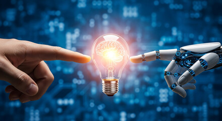 Human and robotic hand reaching for glowing lightbulb with brain inside, symbolizing AI collaboration and innovation, perfect for technology or future concepts