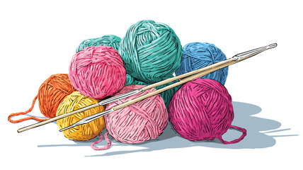 Vibrant Yarn Balls and Crochet Hook on White Background for Crafting Projects