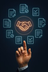 Hand Reaching Out Towards Handshake Illustration Surrounded by Document Icons and Check Marks