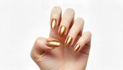 Woman's hand showing metallic gold nail polish on neutral background  