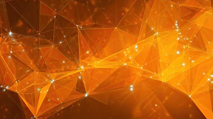 Abstract orange and brown polygonal network with glowing white points, representing digital connections and data flow.