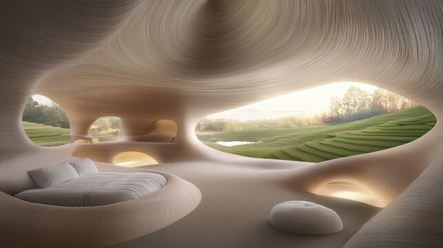 This unique bedroom features rounded walls and soft lighting, offering breathtaking views of terraced fields and the sea at sunrise. A minimalist design enhances the peaceful atmosphere