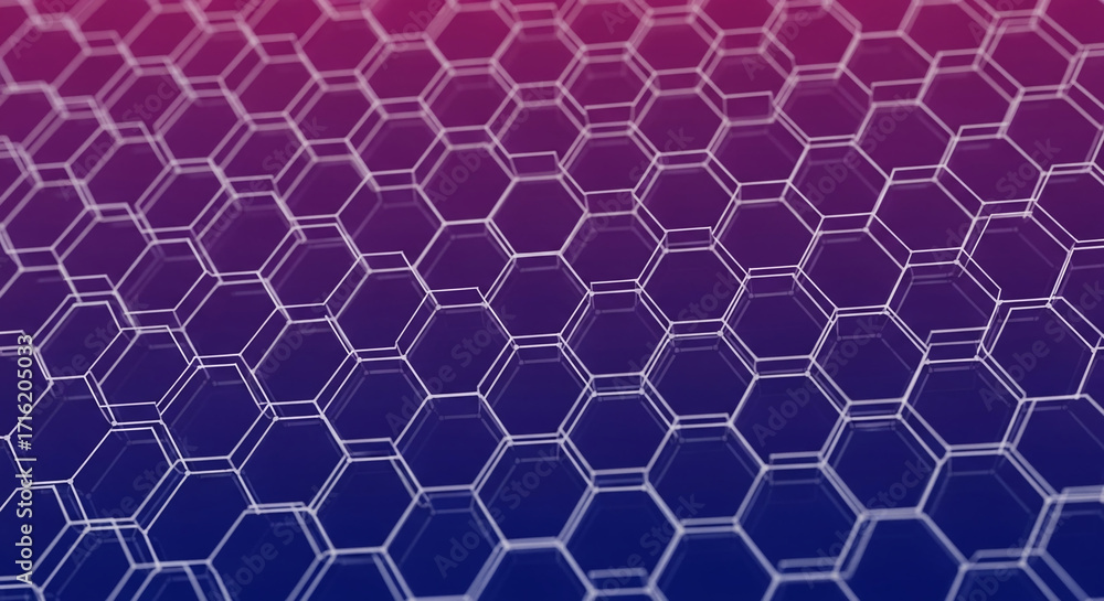 Poster abstract image of hexagonal grid pattern, purple and blue gradient background, showcasing a technolo