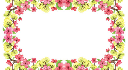 Floral Frame Border with Pink Cherry Blossoms and Green Leaves on White Background for Design