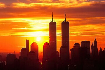A fiery sunrise casts an orange glow over a cityscape silhouette, highlighting two prominent towers centrally positioned against the bright sky