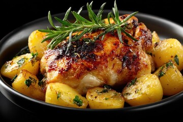 Roasted chicken with potatoes and rosemary, plated on a black dish. Ideal for food blogs, recipe promotions, or healthy eating ads.