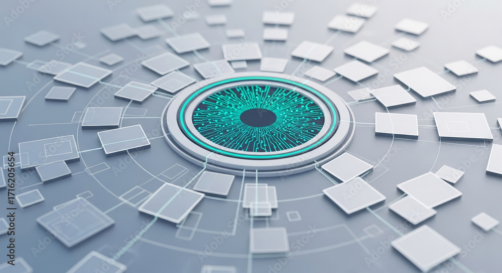 Poster stylized eye with circuit board pattern, encircled by gray squares, suggesting digital network conne
