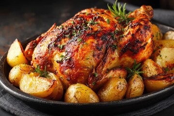 Roasted chicken with golden potatoes and rosemary garnish is displayed. Showcase comfort food recipes, Thanksgiving themes, or culinary content.