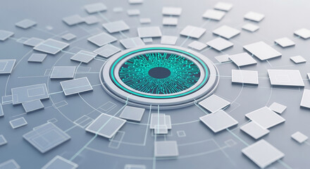 Stylized eye with circuit board pattern, encircled by gray squares, suggesting digital network connection and data visualization, symbolizing technology, security, and connectivity