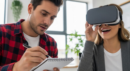 Man notes woman's VR experience, showcasing virtual reality technology testing and feedback process, ideal for tech or innovation marketing