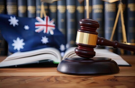 A judge's gavel rests on a wooden surface, flanked by an open book and an Australian flag, with a blurred background of legal texts and scales of justice