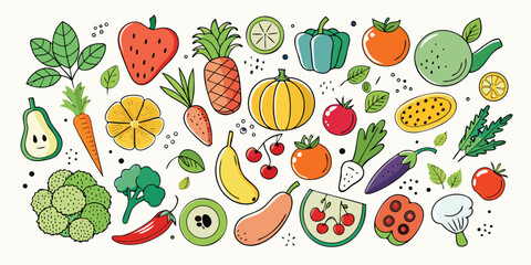 Vibrant assortment of whimsical fruits and vegetables hand-drawn style collection