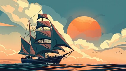 A majestic sailing ship glides across a dark sea at sunset, its sails full, under a large, fiery orange sun and fluffy clouds